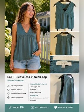 LOFT Green Sleeveless V-Neck Top Women’s Medium Babydoll Flowy Summer Tank